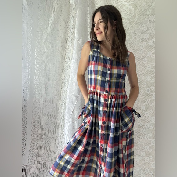 Vintage Dresses & Skirts - Vintage Victoria Harbour Plaid Cotton Midi Dress Button Front Pocket Cottagecore